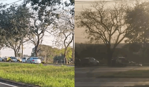 Três assaltantes em série morreram em confronto com a PM na tarde desta sexta-feira (22) em Foz do Iguaçu. Na imagem, vemos viaturas da Polícia Militar no local do confronto.