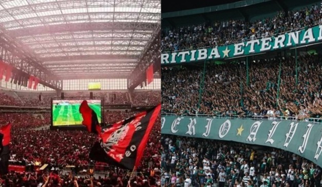 Torcidas de Athletico e Coritiba. (Fotos:  Luis Miguel Ferreira/Athletico e Divulgação/Coritiba)