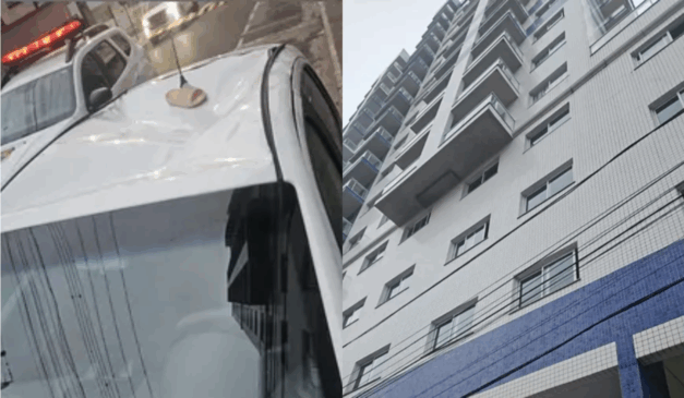 Imagem do carro em que a jovem caiu e do prédio.