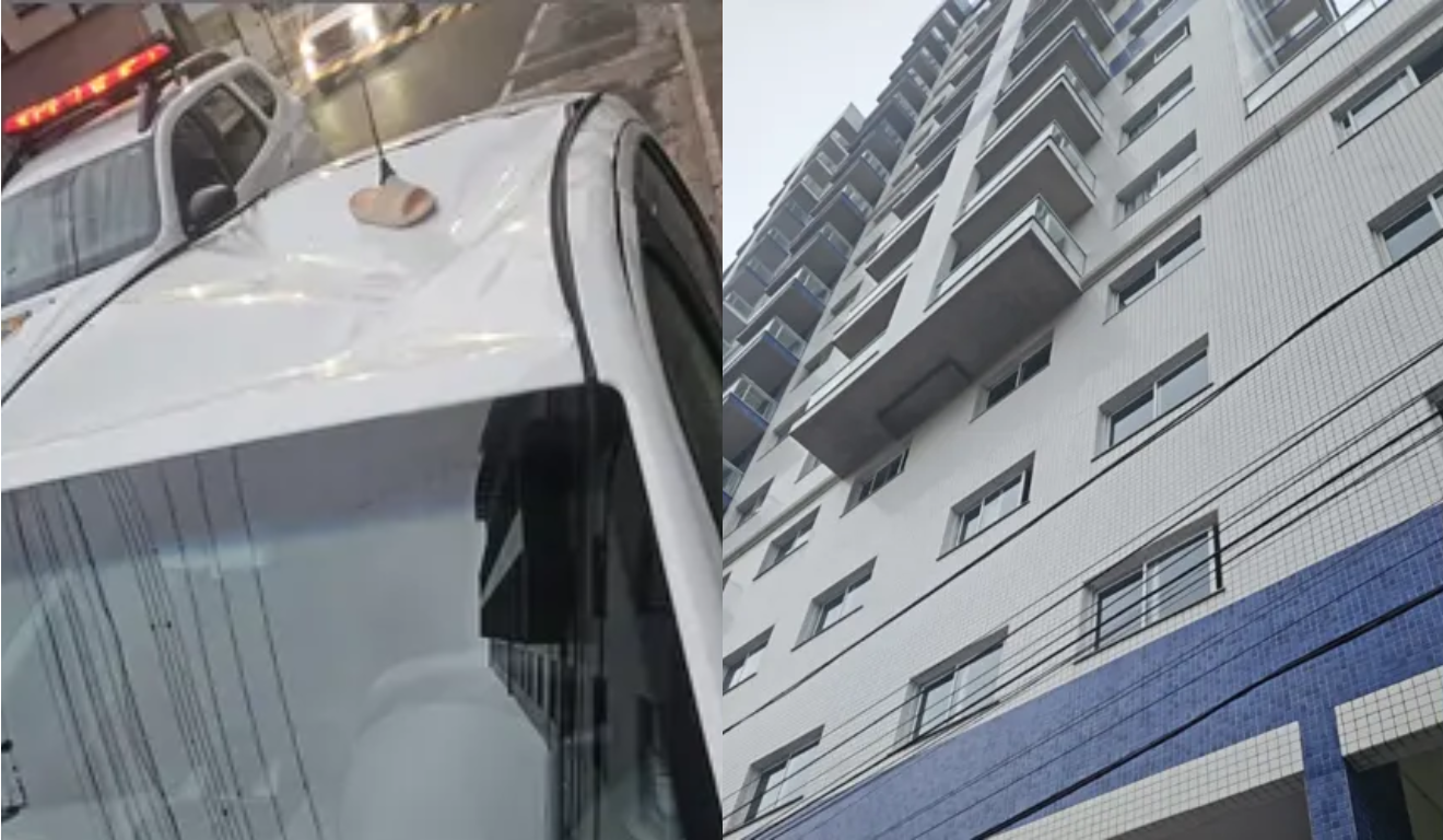 Imagem do carro em que a jovem caiu e do prédio.