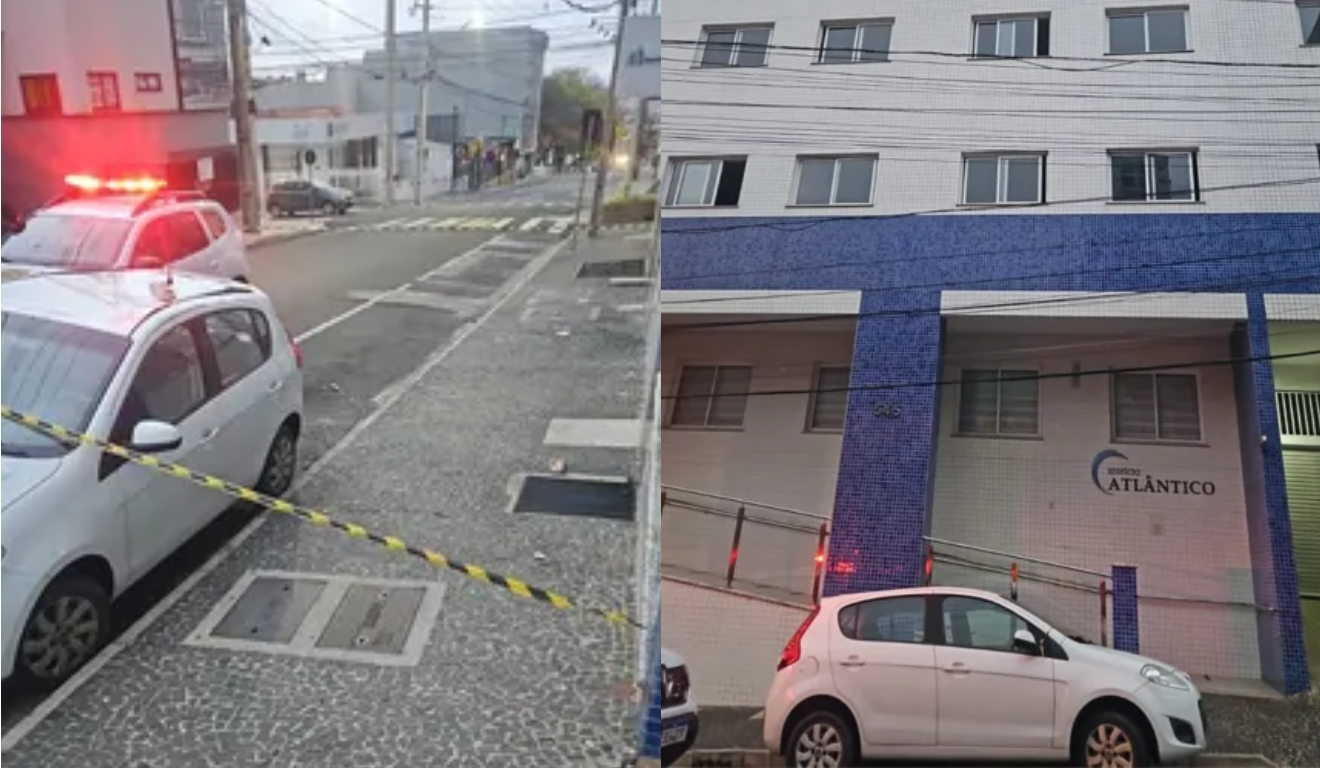 Imagem do carro em que a jovem caiu e do prédio.