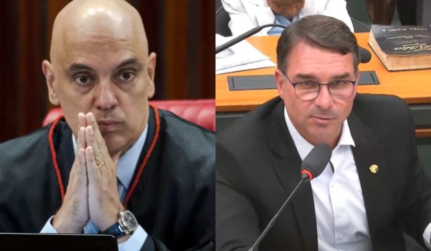 Alexandre de Moraes com a mão junta e Flávio Bolsonaro em discussão sobre o Vaza Toga