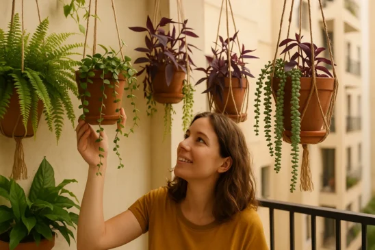 7 plantas suspensas que criam movimento e sombra em varandas de apartamentos pequenos
