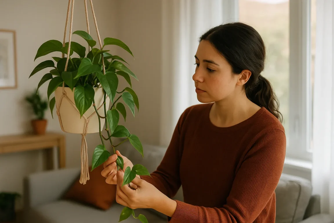 7 sinais de que sua jiboia em vasos pendentes está pedindo mais luz antes de amarelar e cair folhas que você não está percebendo