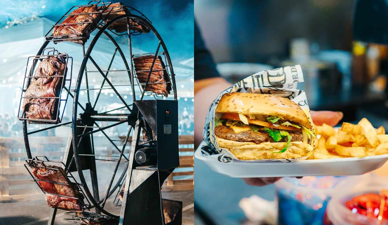 Torresmo e hambúrguer. 