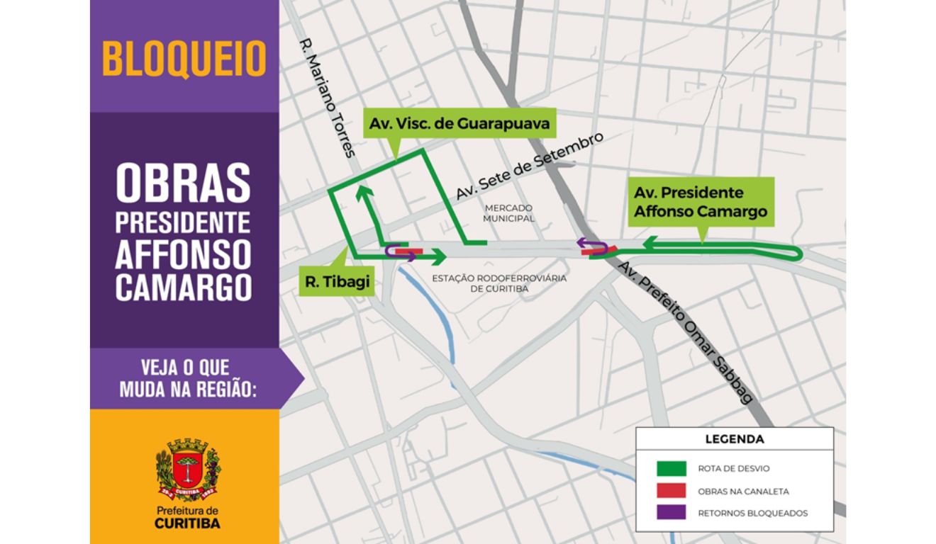 Mapa das obras no Centro de Curitiba