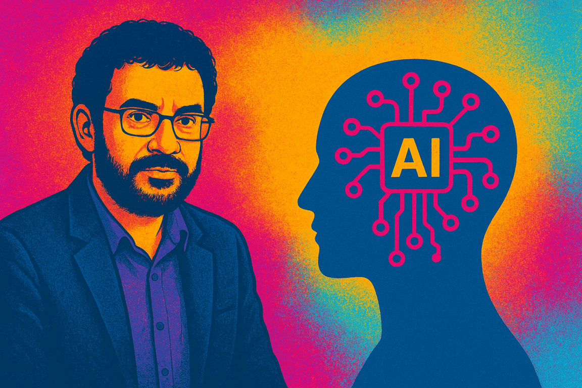 Uma ilustração do cantor Renato Russo aparece ao lado de uma silhueta humana de perfil com o símbolo de Inteligência Artificial