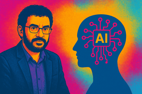 Uma ilustração do cantor Renato Russo aparece ao lado de uma silhueta humana de perfil com o símbolo de Inteligência Artificial