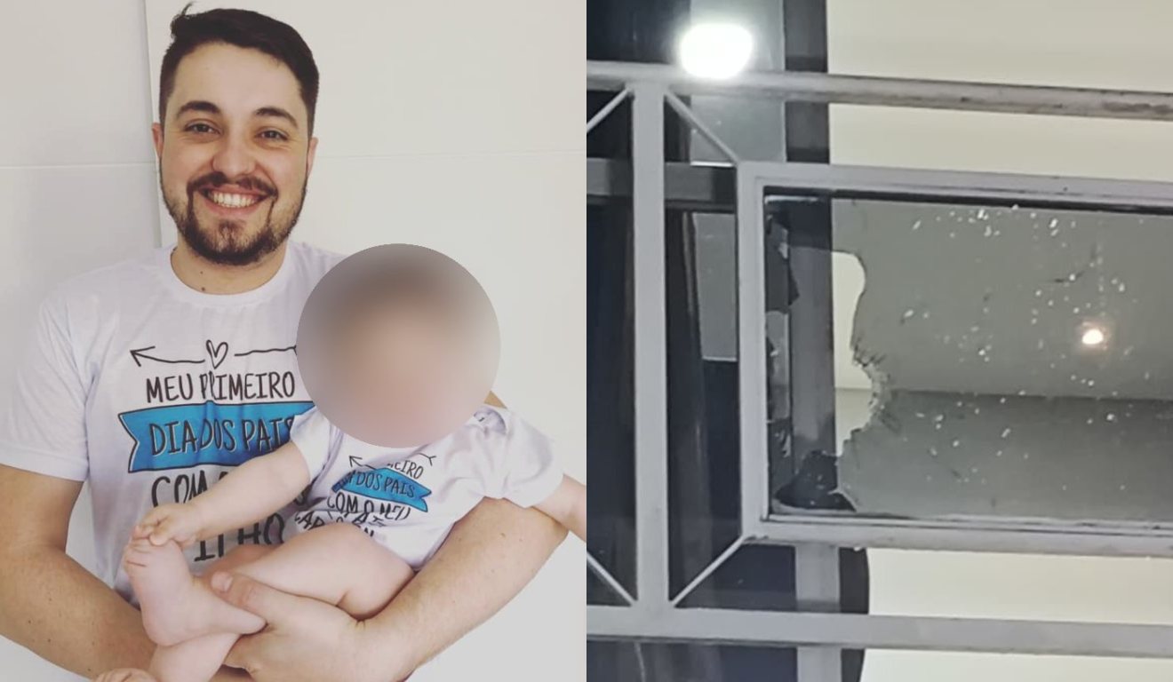 Advogado Carlison Jansen com o filho e vidro quebrado após ele ser baleado