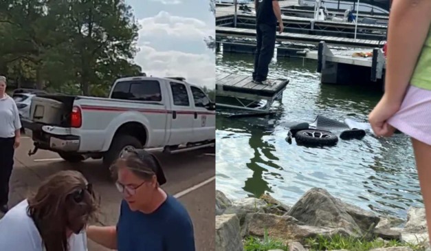 Colagem com mulher orando e lago.