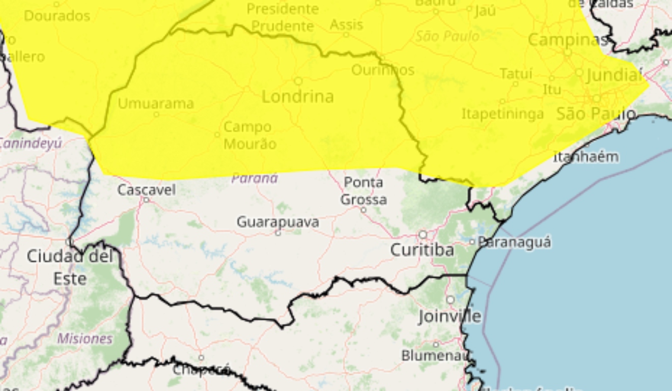 Inmet emitiu um alerta amarelo de vendaval no Paraná nas próximas 24 horas 