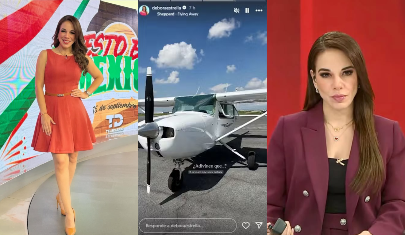 Uma apresentadora morreu durante uma aula de pilotagem de avião no México. Na imagem, vemos a postagem edla ao centro, com uma foto de avião e o texto "Adivinhem só". À esqueda, vemos ela apresentando o telejornal com um vestido laranja. À direita, vemos ela de blazer vermelho e uma blusa preta.
