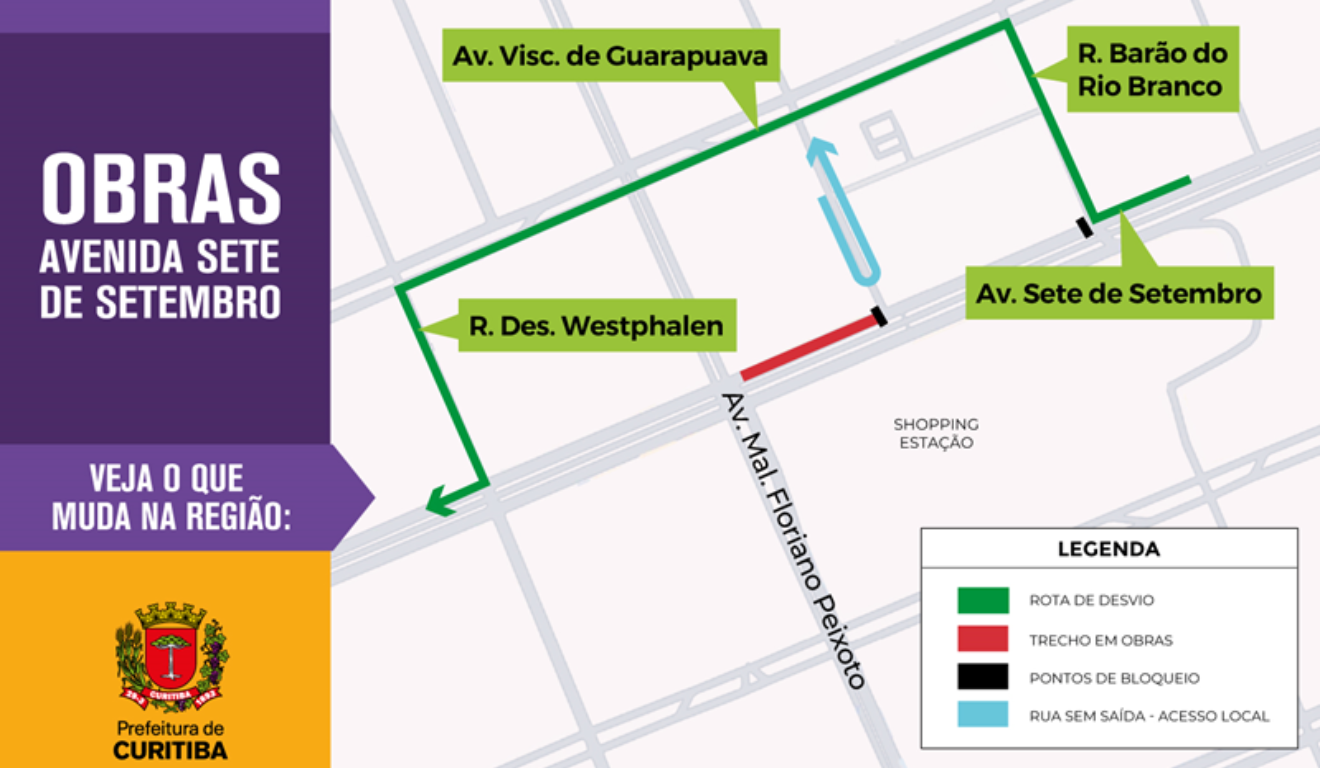 Veja o desvio sugerido pela Prefeitura, já que a pista marginal da Sete de Setembro será bloqueada a partir de quarta=feira para obras do Projeto BRT Leste/Oeste. Na imagem, vemos um mapa da região, indicando os motoristas à virarem na Barão do Rio Branco e dobrarem à esquerda na Desembargador Westphalem para voltar à Sete de Setembro.