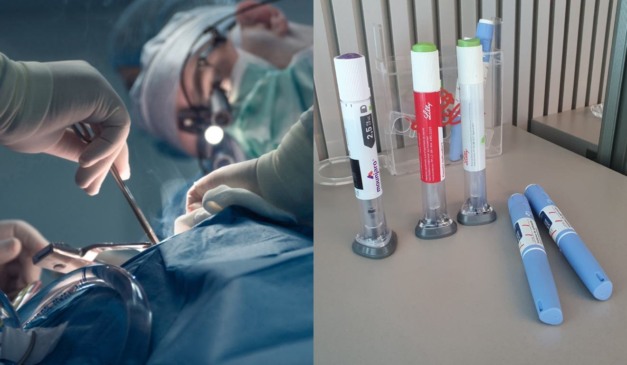 Cirurgia bariátrica acontecendo e caneta emagrecedora em mesa