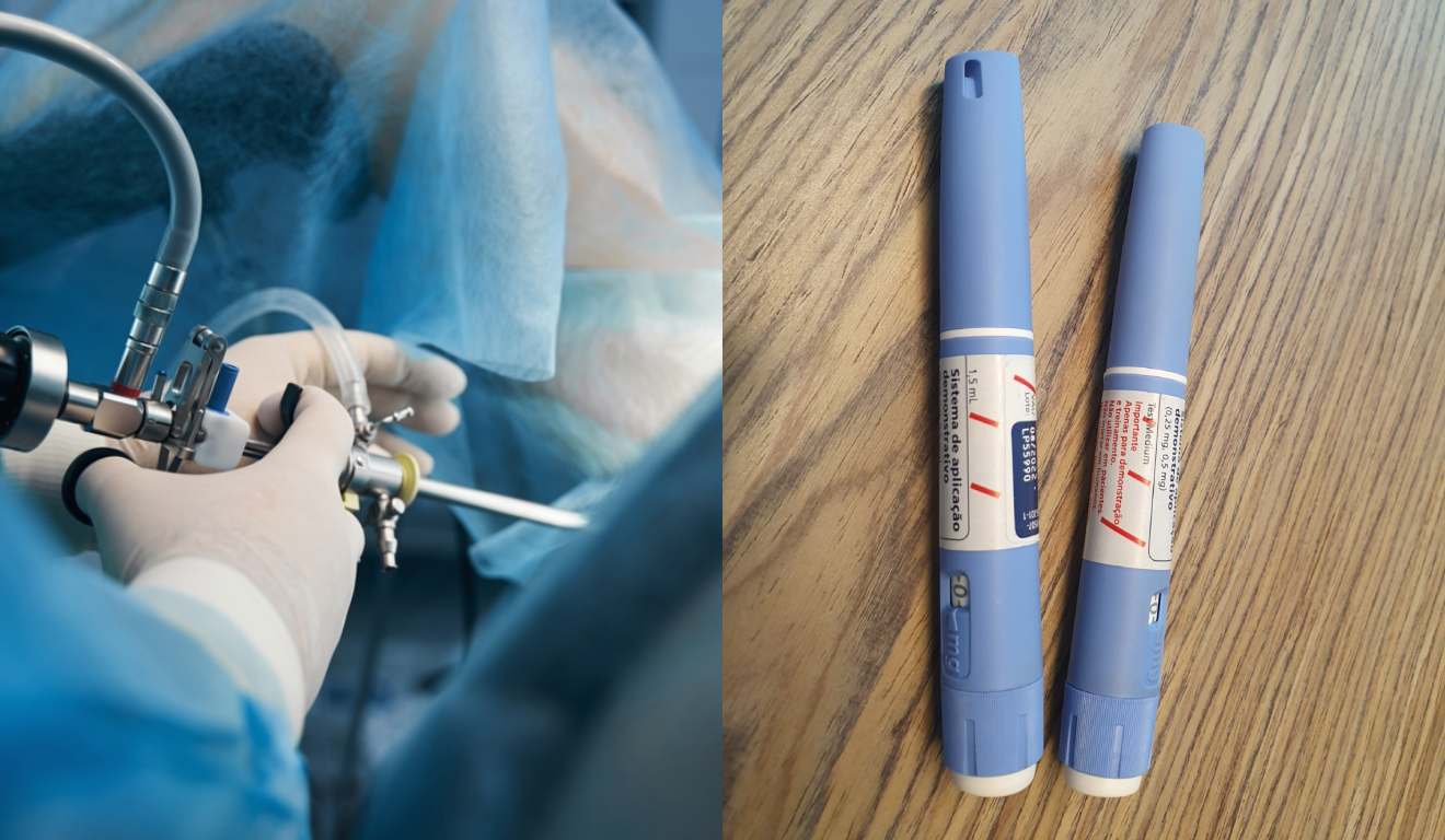 Cirurgia bariátrica acontecendo e caneta emagrecedora Ozempic em mesa