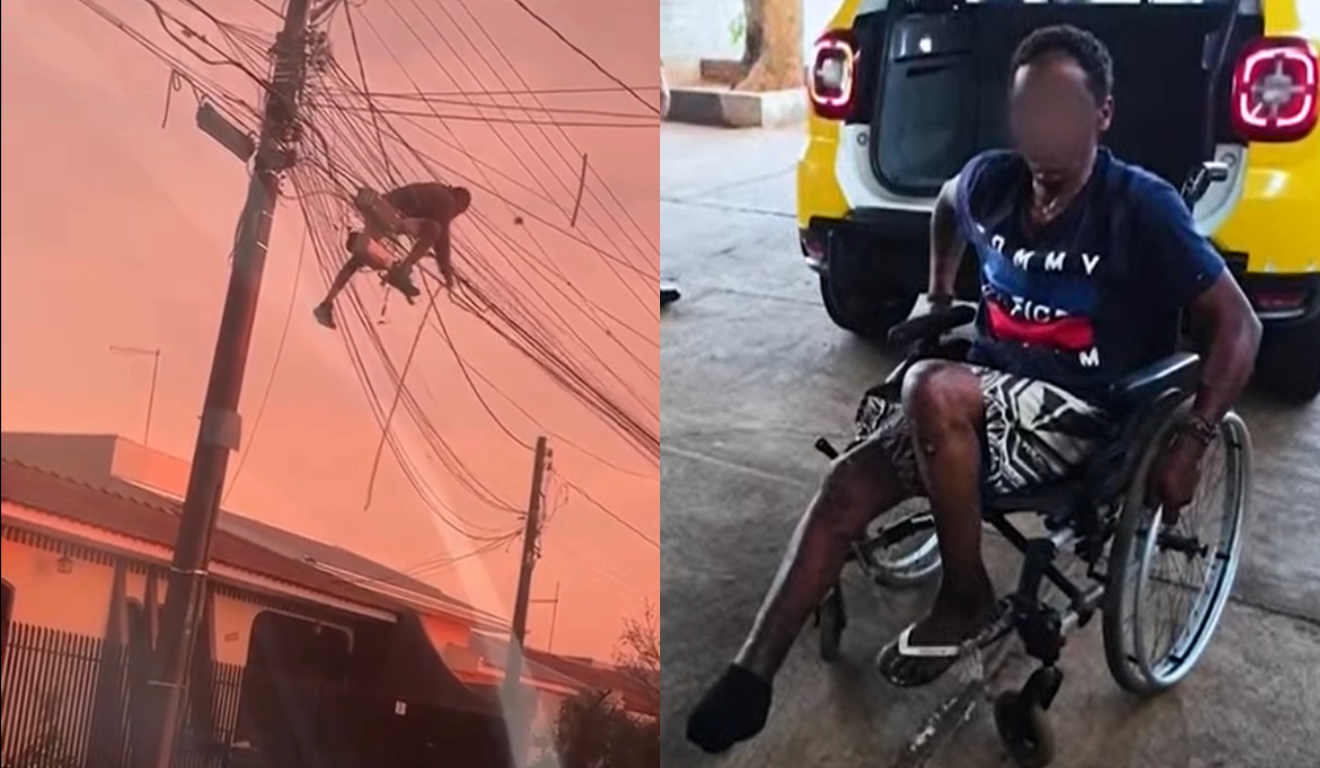 Um cadeirante foi flagrado furtando fios de poste em Maringá. À esquerda, vemos o homem pendurado nos fios enquanto corta um deles. À direita, vemos ele, com o rosto borrado, em sua cadeira de rodas, com uma viatura da Polícia Militar atrás.