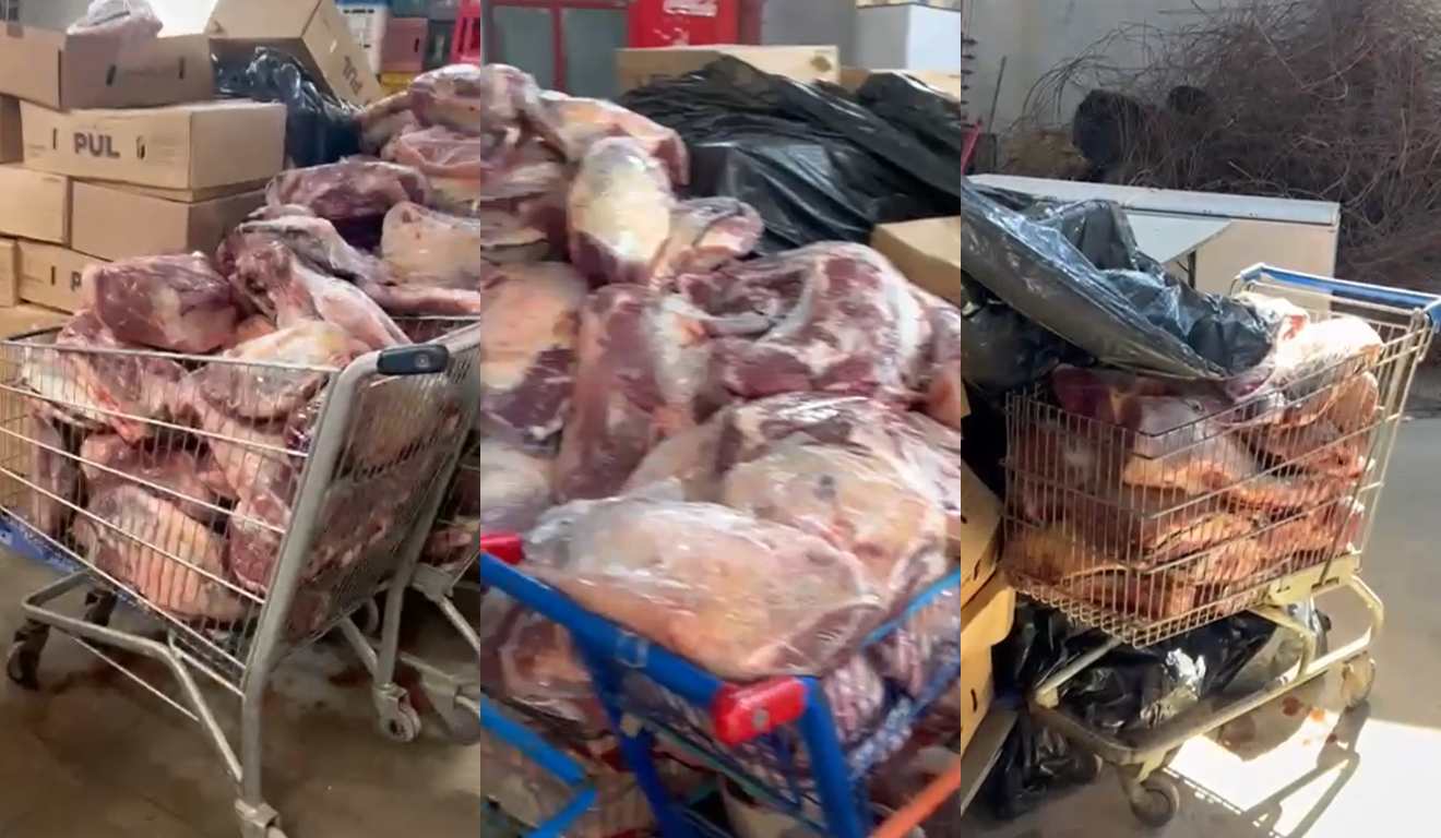 Montagem com três fotos da carga de carne roubada