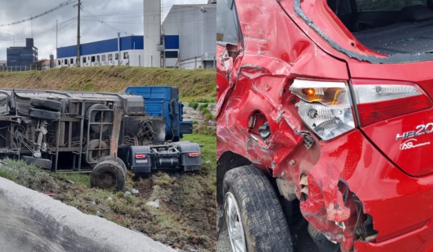 foto da carreta partida ao meio depois de bater no carro