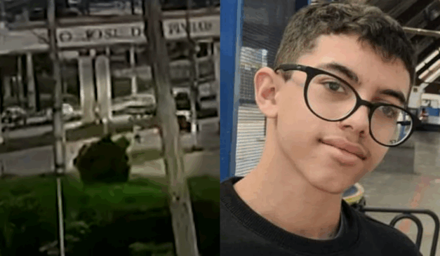 O Caso Erick completou sete meses em setembro, jovem desapareceu no dia 21 de fevereiro. Na imagem, vemos um vídeo da câmera de segurança que mostra Erick próximo ao Parque São José, além de uma foto do garoto usando um óculos com armação preta. Erick é branco de cabelo preto e está com uma camiseta preta, olhando para a câmera.