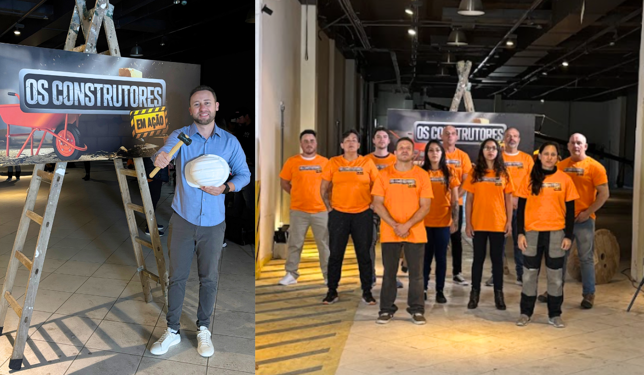 montagem com a foto de willian bittar e os participantes do reality "os construtores em ação"