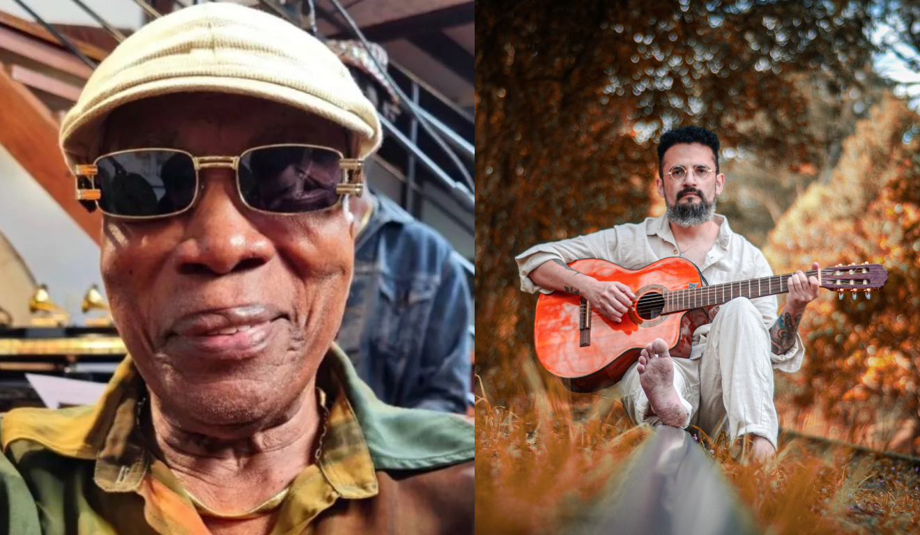 montagem do Milton Nascimento e do cantor Dabliu, que está sentado em um trilho de trem