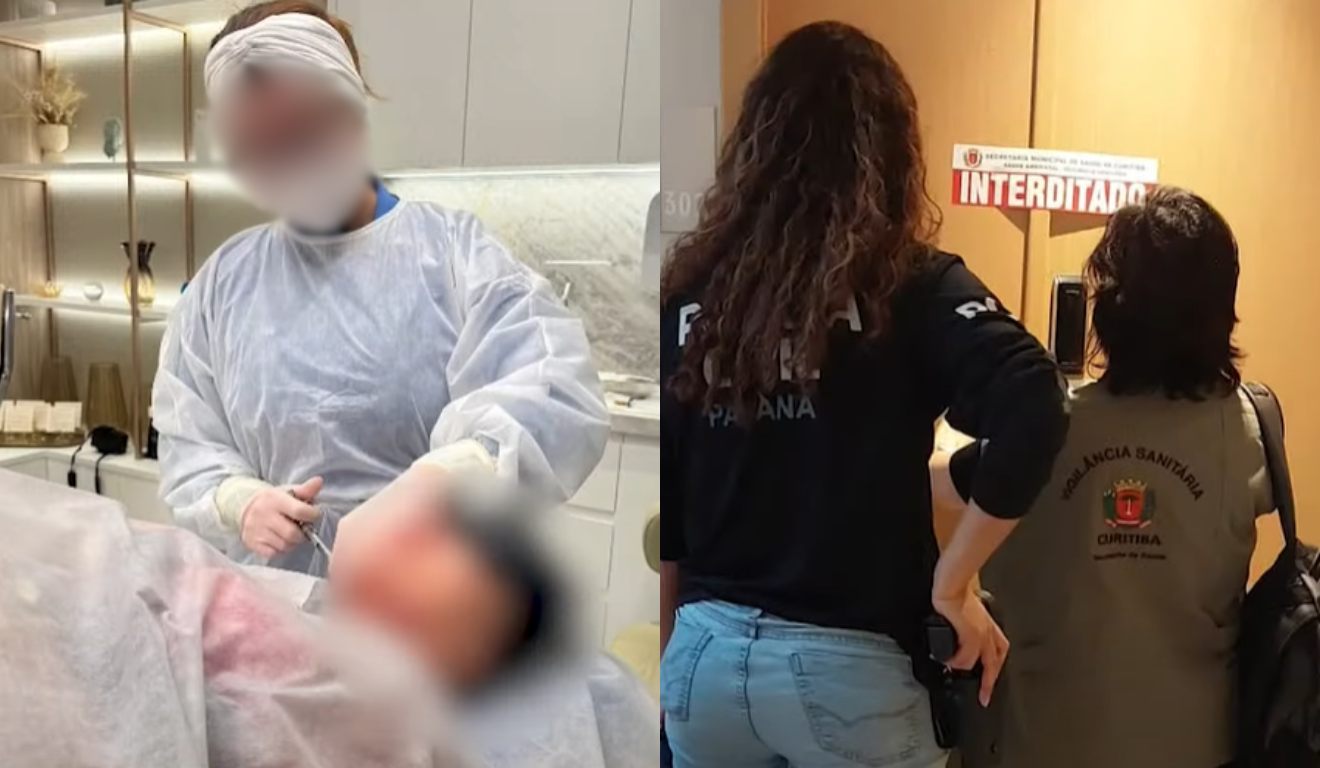 Montagem com foto da dentista e do consultório interditado