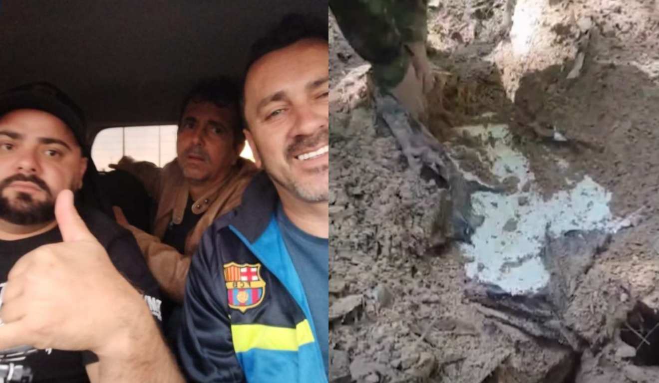 Montagem com foto dos quatro desaparecidos de Icaraíma e momento da retirada do carro encontrado