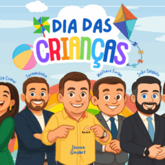flayer de divulgação da Festa Dia das Crianças do Boqueirão, do Grupo Ric, com imagens estilo cartoon dos comunicadores da Ric RECORD e Banda B.