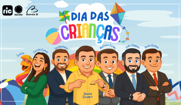 flayer de divulgação da Festa Dia das Crianças do Boqueirão, do Grupo Ric, com imagens estilo cartoon dos comunicadores da Ric RECORD e Banda B.