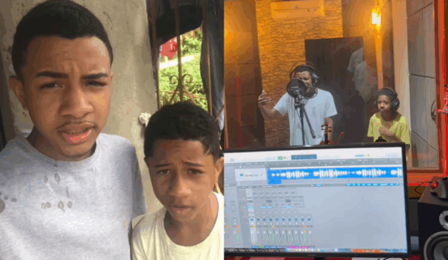 Irmãos Arrocha lado a lado e dentro de estúdio.