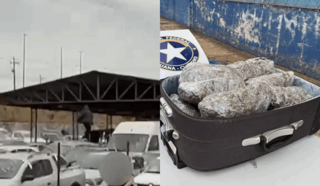 Um jovem tentou fugir da Receita Federal correndo em cima de carros, após sua mala ter sido pega com drogas. À esquerda, vemos um trecho do vídeo em que o jovem está em cima do teto de um carro no depósito da Receita Federal. À direita, vemos a imagem de sua mala com pacotes de maconha.