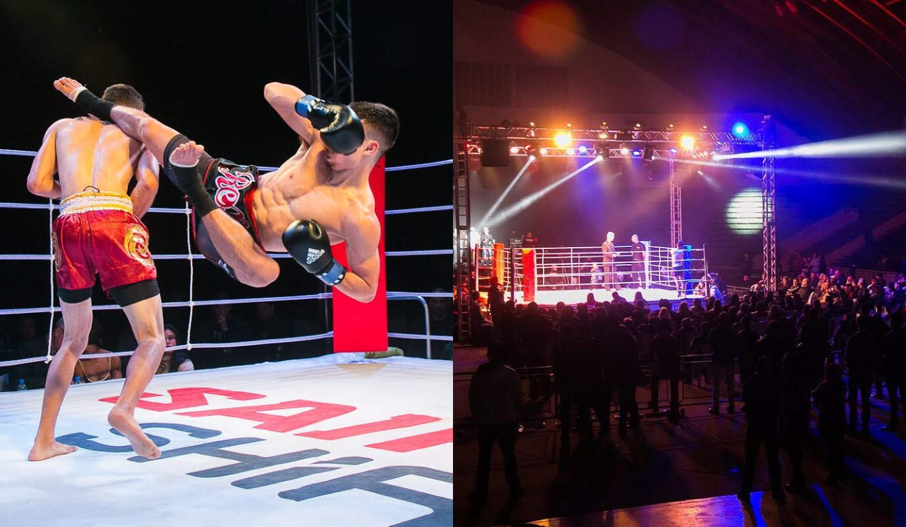 Um lutador do ONE Championship enfrentará o atual campeão brasileiro do Aspera N1 em Curitiba. Na imagem, vemos dois lutadores de Muay Thai se enfrentando e um ringue de luta no Ginásio do Tarumã, com um público ao redor.