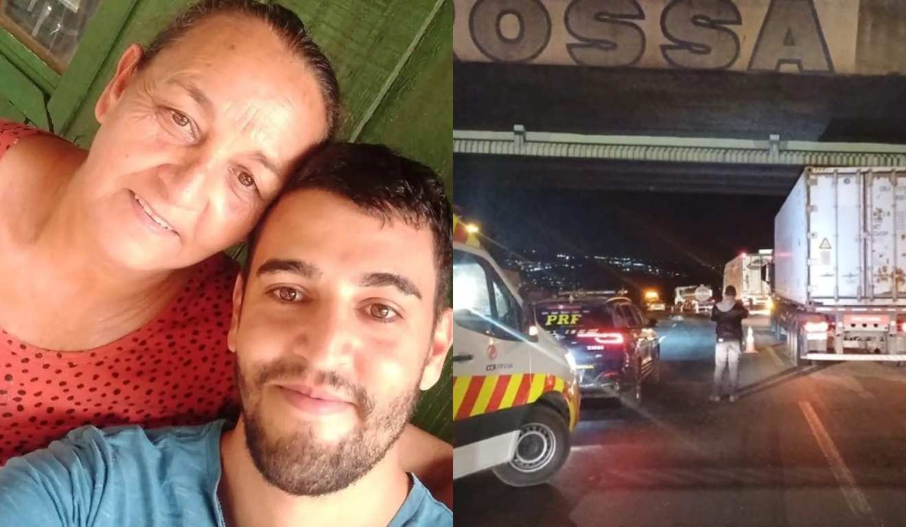 Montagem com mãe e filho que morreram atropelados e imagem do acidente ao lado