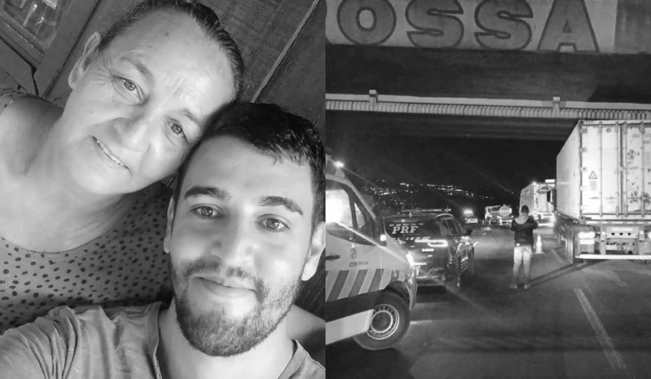 Montagem com mãe e filho que morreram atropelados e imagem do acidente ao lado