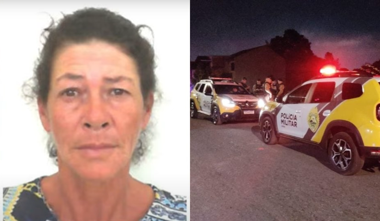 A mulher que foi encontrada decapitada em um córrego de Fazenda Rio Grande foi identificada. À esquerda, vemos a foto de Eloina Boese, uma mulher branca de cabelo castanho. À direita vemos viaturas da Polícia Militar no local onde o corpo foi encontrado.