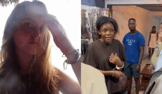 Uma mulher morreu esfaqueada por causa de um triângulo amoroso no Camboja. Na imagem, vemos a vítima, à esquerda, uma mulher branca e loira. À esquerda, vemos a suspeita, uma mulher negra de cabelo preto, vestindo uma camiseta marrom e com algemas nas mãos.