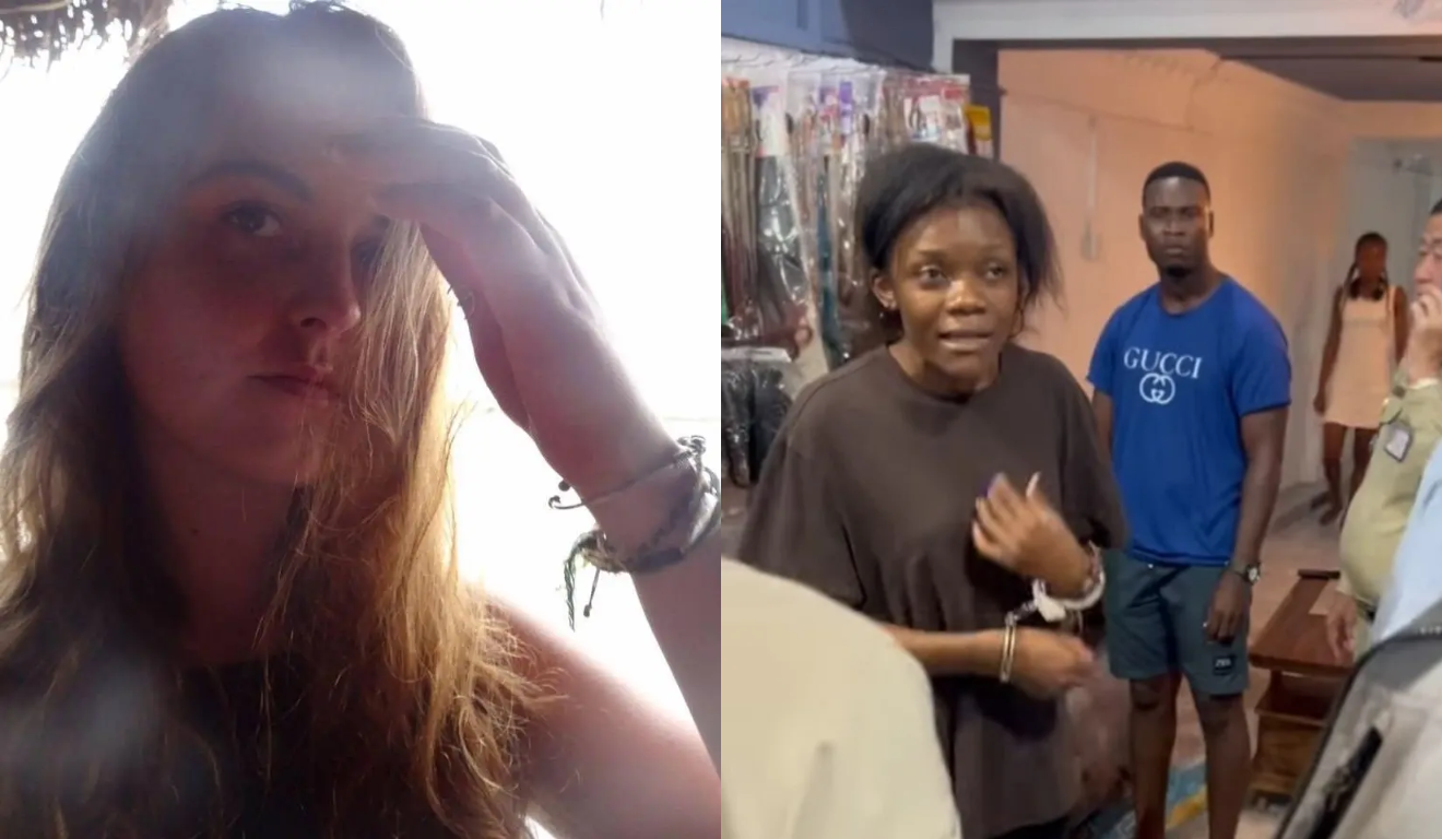 Uma mulher morreu esfaqueada por causa de um triângulo amoroso no Camboja. Na imagem, vemos a vítima, à esquerda, uma mulher branca e loira. À esquerda, vemos a suspeita, uma mulher negra de cabelo preto, vestindo uma camiseta marrom e com algemas nas mãos.