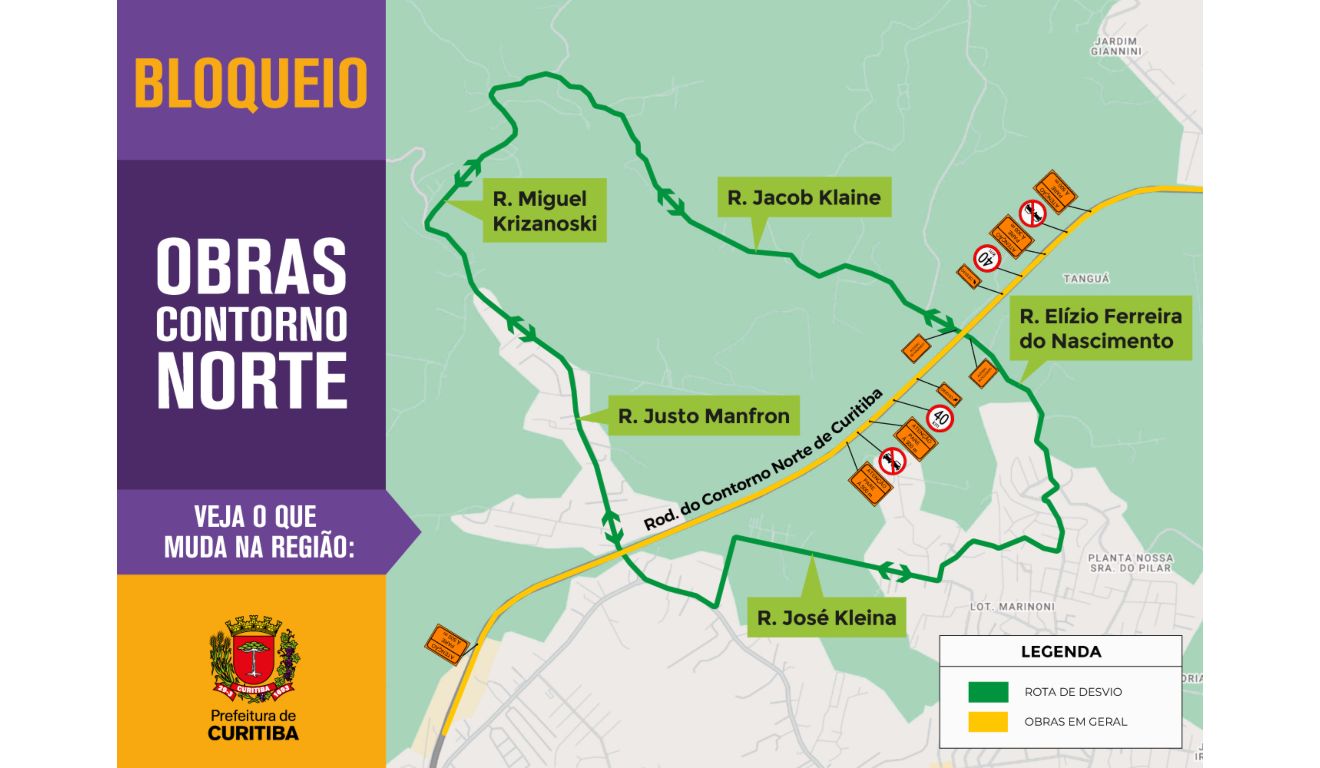 Mapa com desvio para obras no Contorno Norte