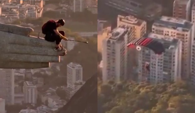 homem pula do Cristo Redentor de paraquedas