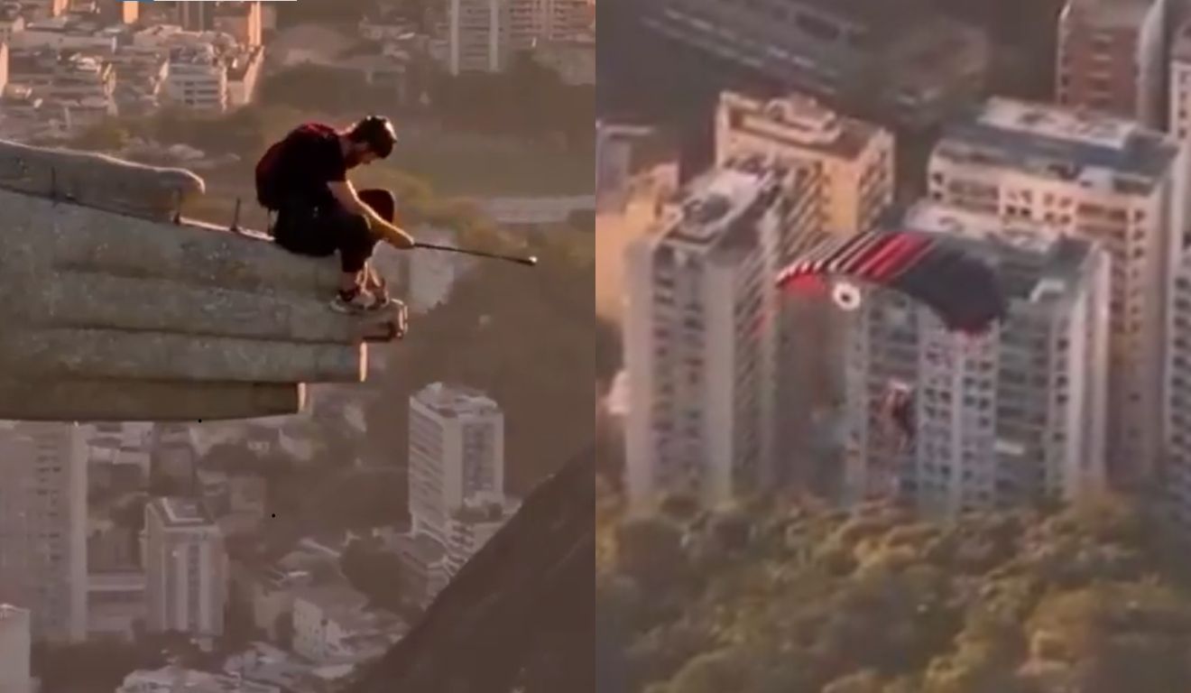 homem pula do Cristo Redentor de paraquedas