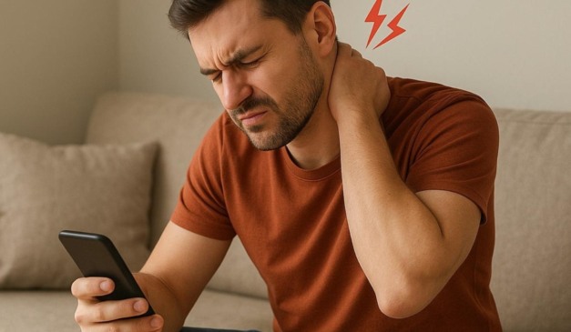 Homem com dor no pescoço e com o celular nas mãos