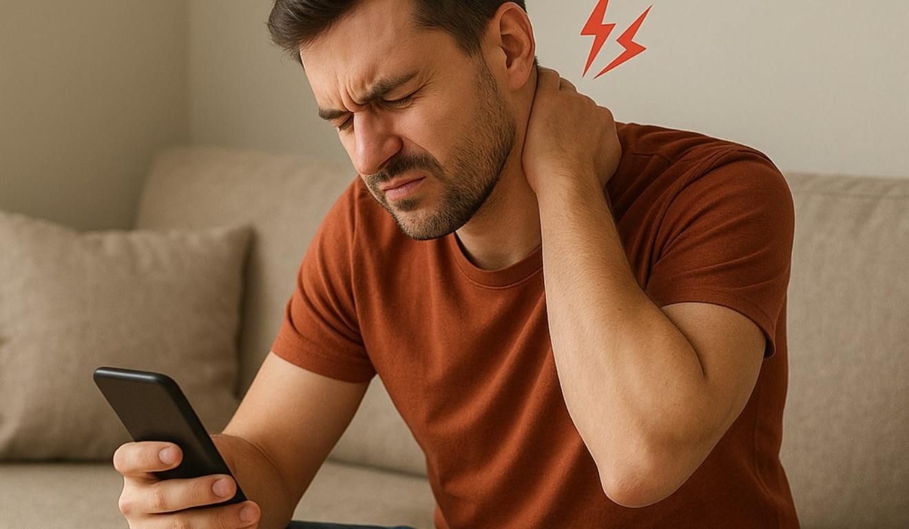 Homem com dor no pescoço e com o celular nas mãos