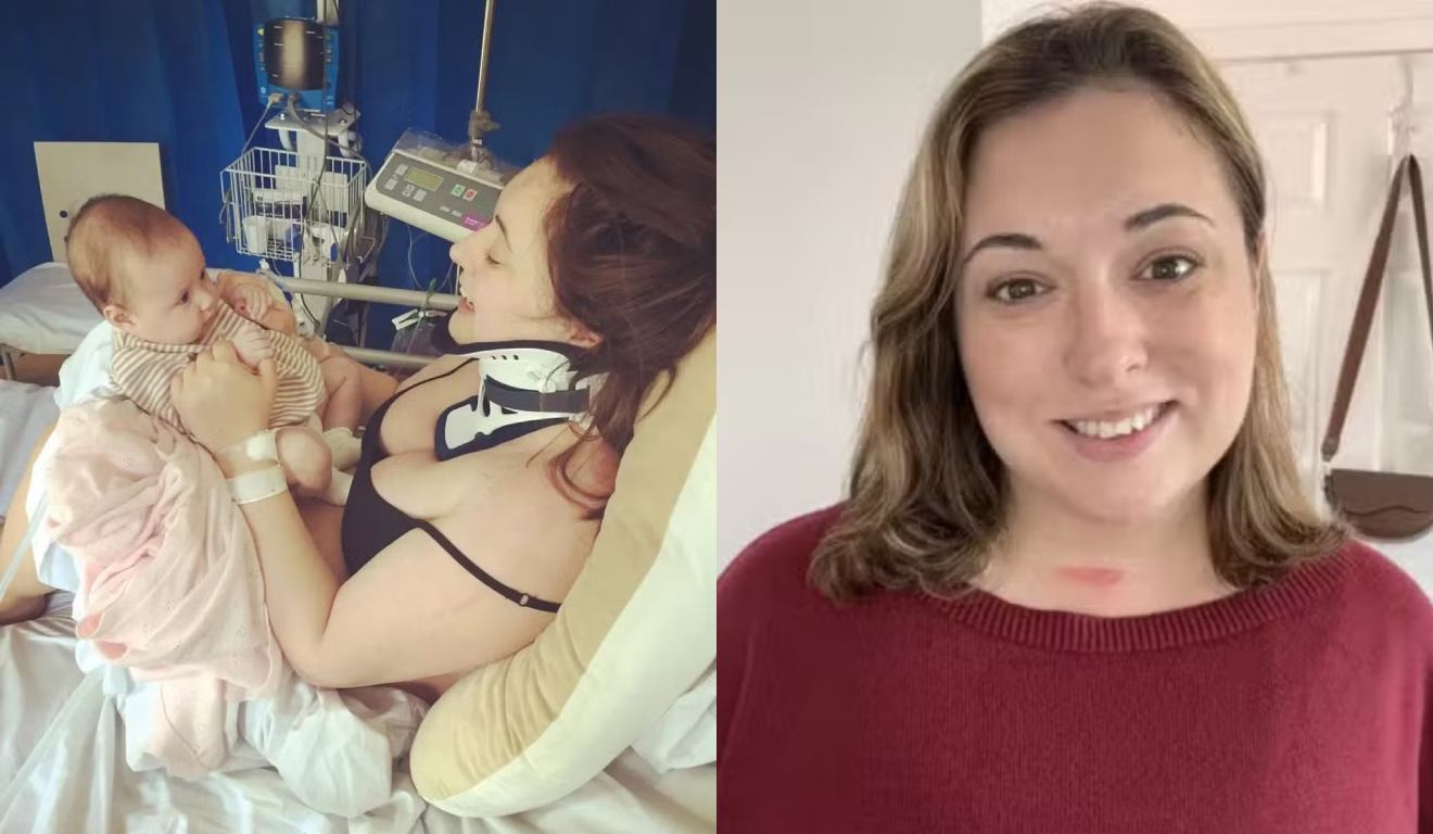 Mulher com bebê no colo. 