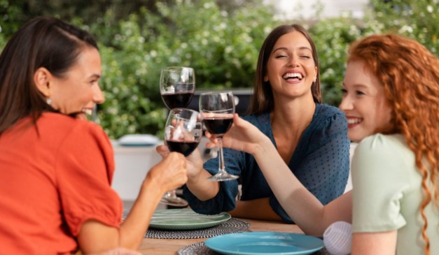 Amigas bebendo vinho.