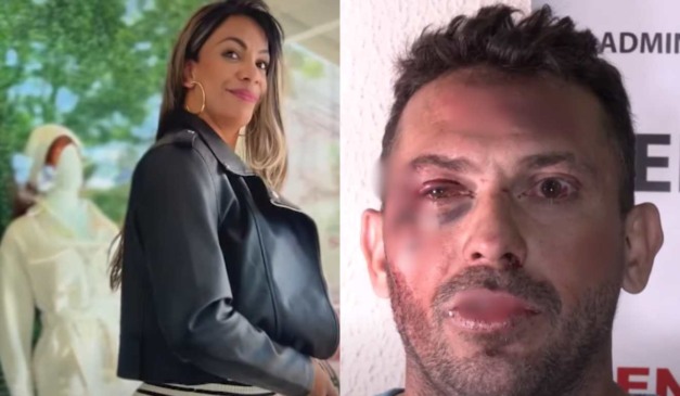 Montagem com vítima e suspeito de matar professora com lesões ao lado