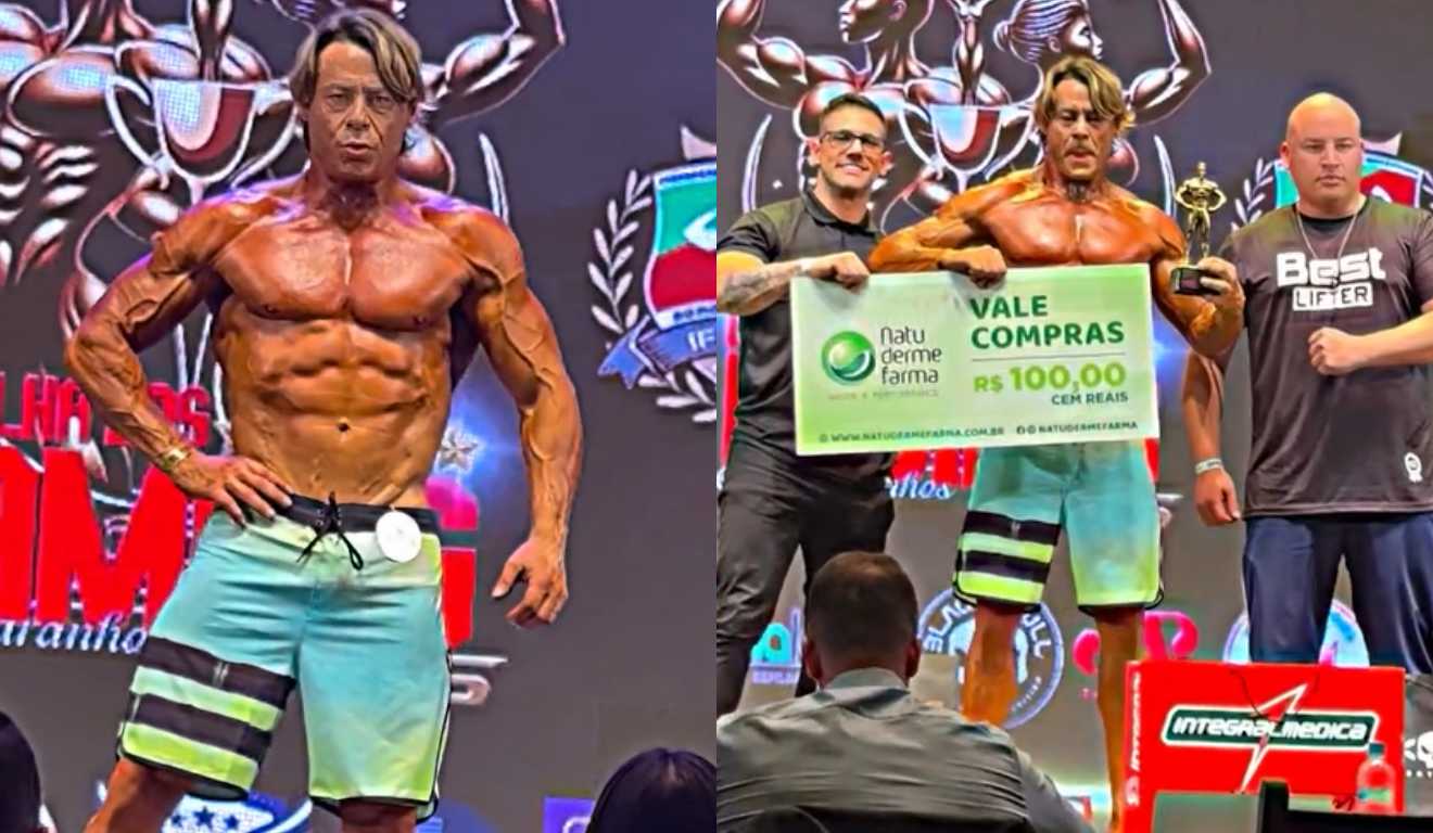 Montagem com fotos de Theo Becker em campeonato de fisiculturismo