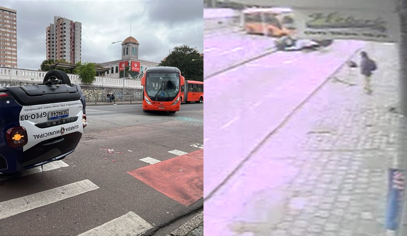 câmeras de segurança acidente ônibus e viatura 