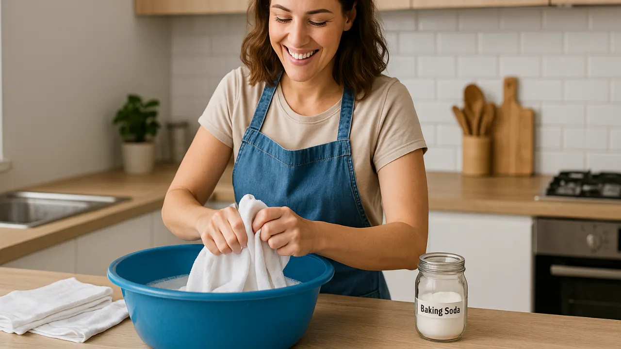 2 segredos com bicarbonato que fazem panos de prato encardidos voltarem a ficar brancos de verdade