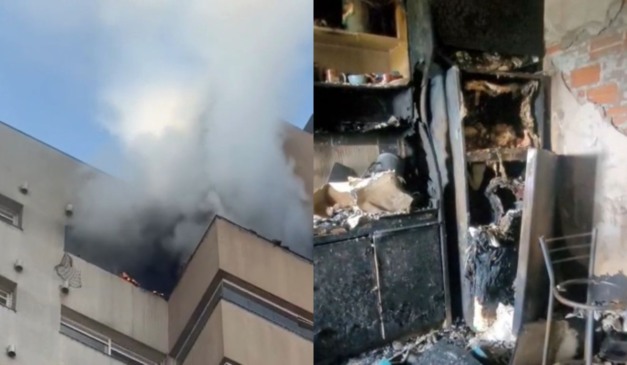 Duas imagens que mostram a parte externa e a interna do prédio que registrou incêndio em Cascavel