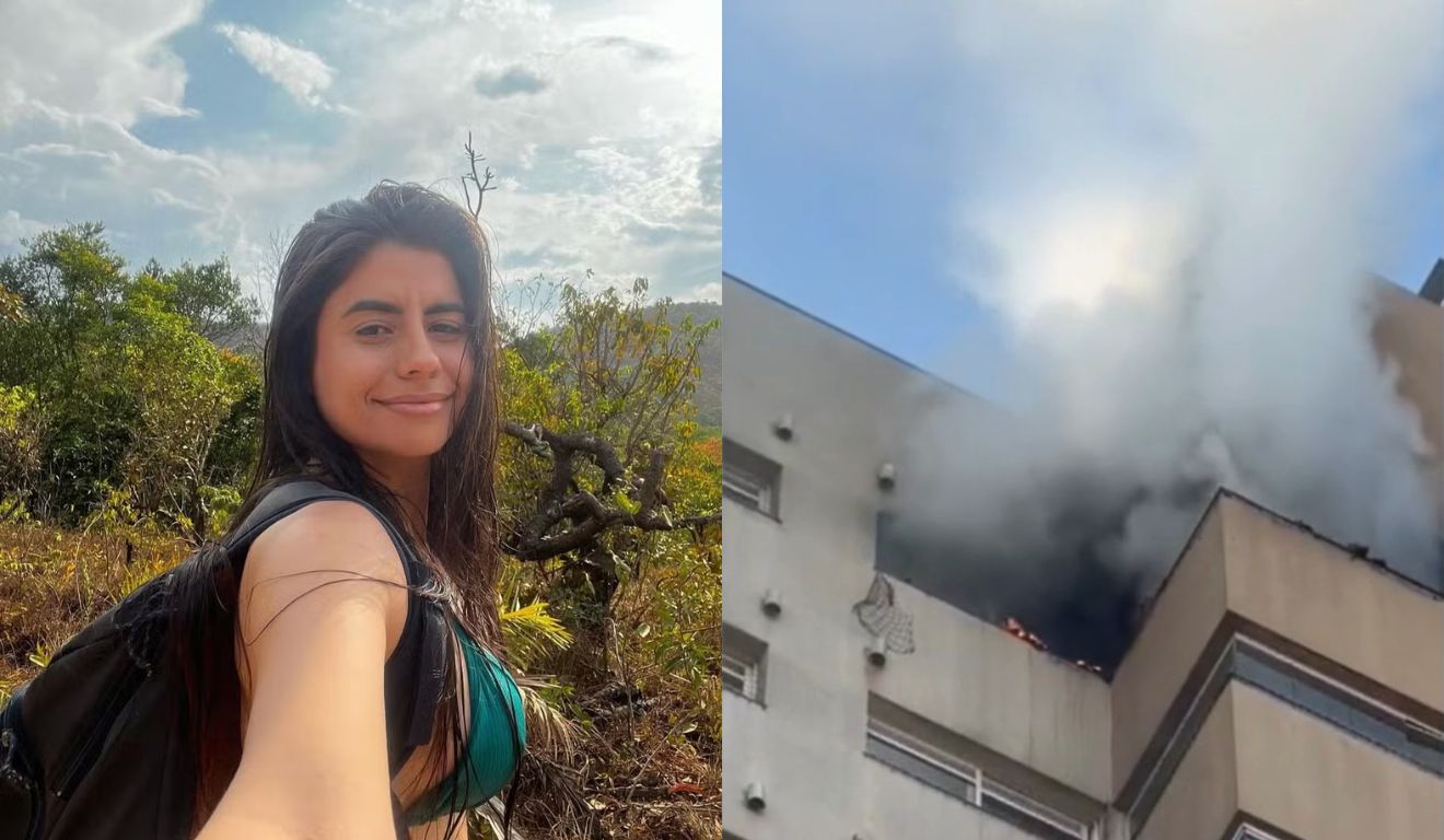 À esquerda, advogada que teve 70% do corpo queimado em incêndio, e à direita, imagem do prédio em Cascavel em chamas